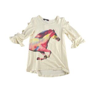 Love Alexa Girls Top Size M Colorful Horse Print Top Ruffle Sleeves M Girls Ivor